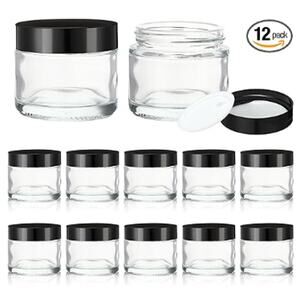 12 Pcs 2 oz Clear Round Glass Jars with Black Lids- Black, Clear